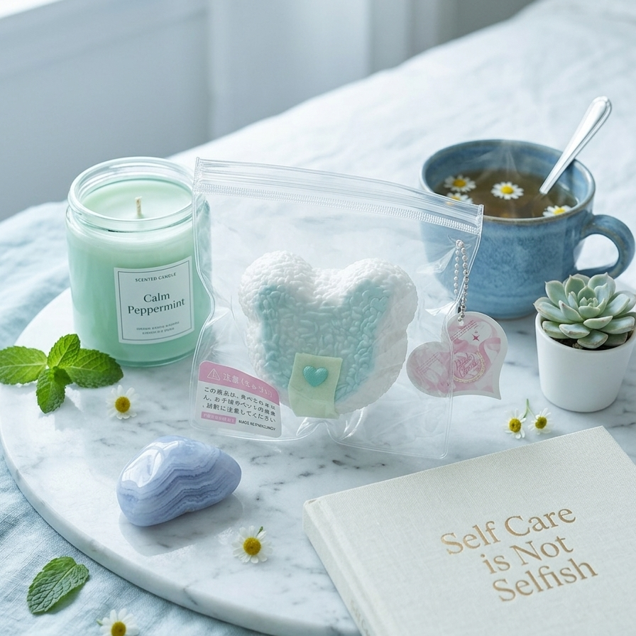 A styled self-care scene on a bed with a marble tray holding a mint green candle, a clear bag with a fluffy pastel heart-shaped item and a pink heart charm, a blue mug with a spoon, a small succulent, a lavender stone, daisies, mint leaves, and a book that reads 'Self Care is Not Selfish'.