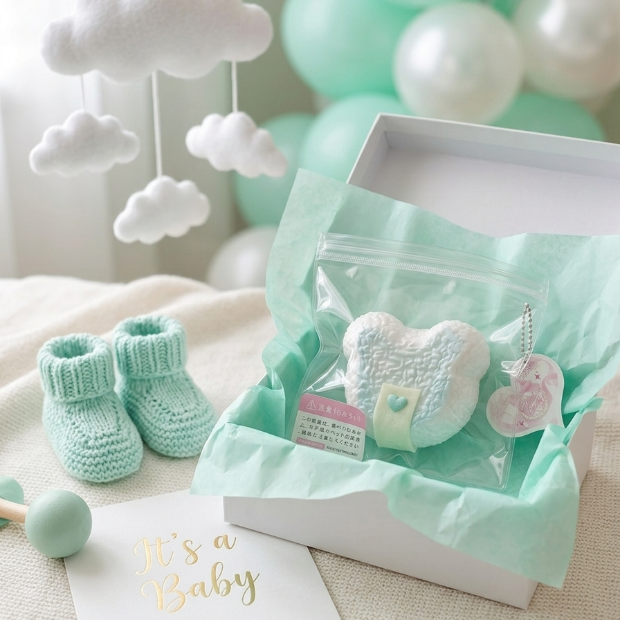 A baby shower gift box filled with mint green tissue paper, containing a heart-shaped plush toy, a small pink keychain, and a card that reads 'It's a Baby'. The scene is styled with mint green and white balloons, a white cloud mobile, and mint green baby booties on a neutral fabric surface.