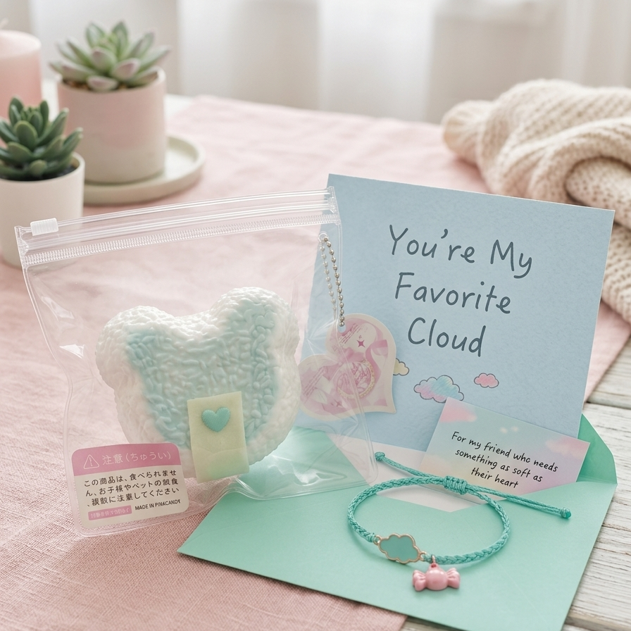 A pastel gift set on a pink fabric surface, featuring a mint-green heart-shaped plush toy in a clear zip bag, a light blue card that reads 'You're My Favorite Cloud,' a mint-green envelope, a braided turquoise bracelet with a cloud charm, and small pink notes.