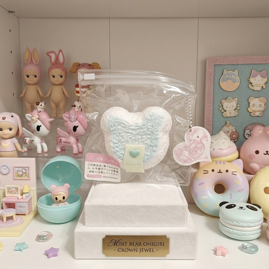 A heart-shaped plush toy in a clear zip bag, displayed on a white pedestal box labeled 'Mint Bear Onigiri Crown Jewel' in a cute, pastel-themed room filled with toys and accessories.