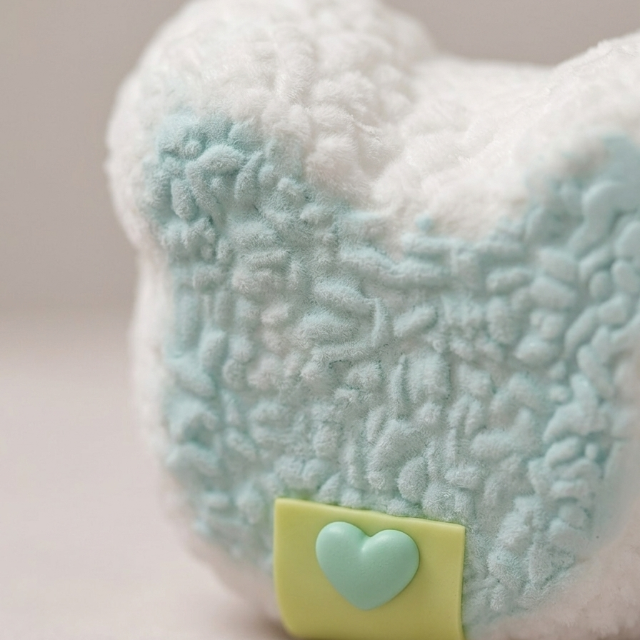 A close-up of a plush, textured white and pale mint green item with a small light green square patch featuring a mint green heart, set against a soft neutral background.