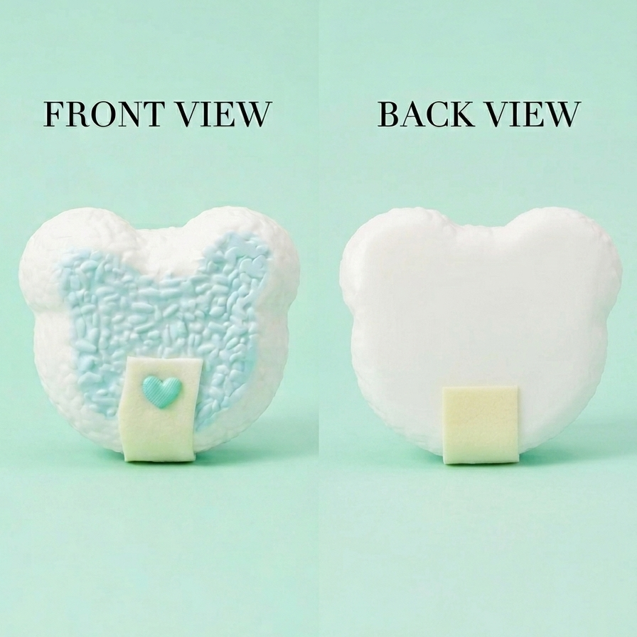 A product shown from front and back on a mint green background. The item is a white bear-shaped accessory with a textured light blue pattern on the front view and a small pale yellow tab at the bottom.