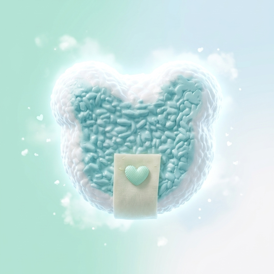 A heart-shaped bath bomb with a textured mint green center and a white border, featuring a small white rectangular piece with a mint green heart on the front, set against a soft mint green and white gradient background.