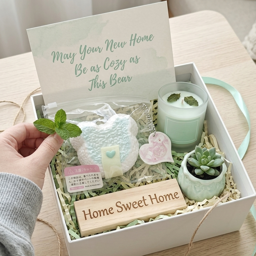 A cozy home gift box set on a light wood table, featuring a white box filled with shredded paper. Inside are a mint green candle, a small potted succulent, a heart-shaped bath bomb, a marshmallow, and a wooden block engraved with 'Home Sweet Home'.