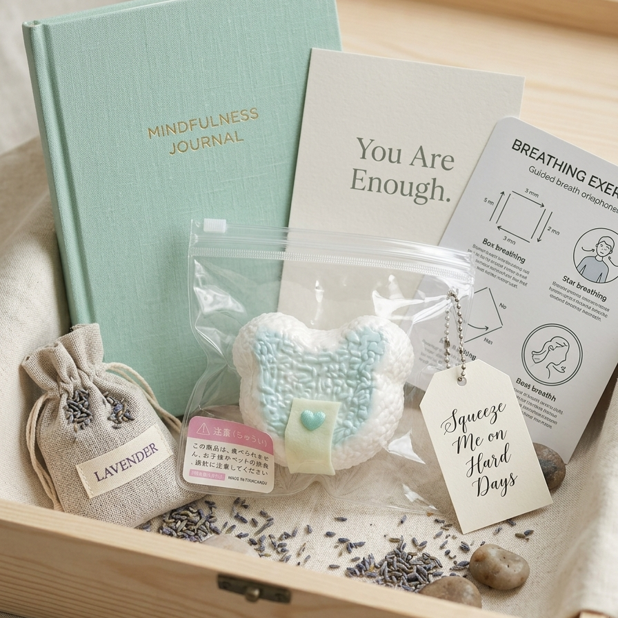 A curated self-care gift set arranged in a light wood tray on a soft neutral fabric background. The set includes a mint green journal with gold lettering, a white card reading 'You Are Enough.