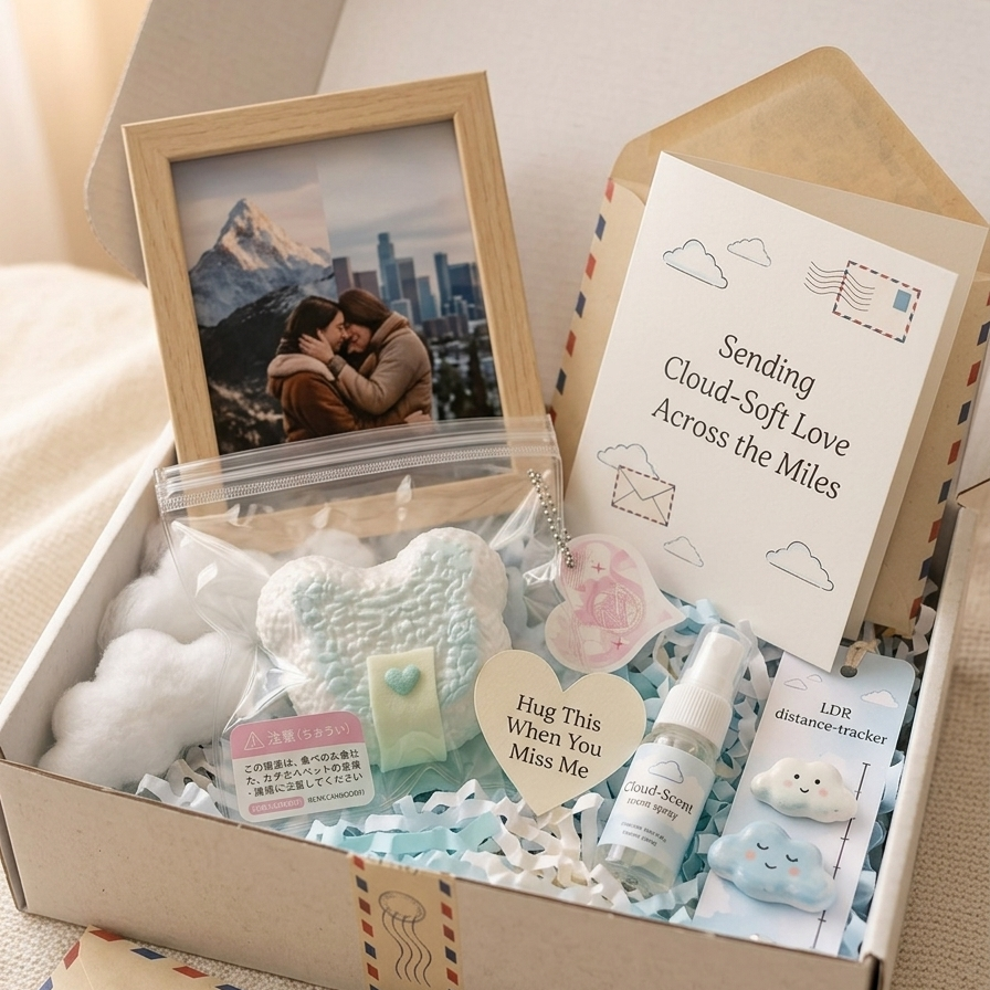 A curated gift box filled with baby keepsakes and love tokens, including a small framed photo, a heart-shaped note that says 'Hug This When You Miss Me,' a cloud-shaped plush toy, a soft blue item, a small bottle, and a card reading 'Sending Cloud-Soft Love Across the Miles.'.
