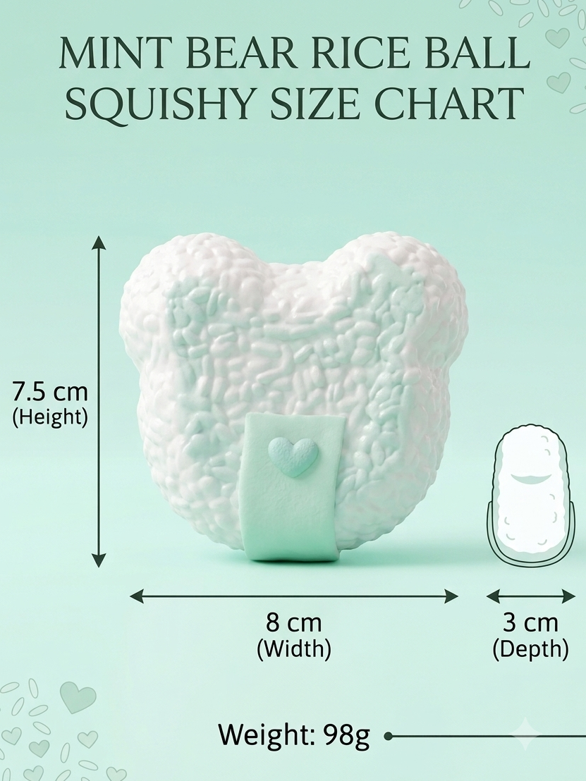 A mint green bear-shaped rice ball shown with dimension arrows and labels indicating height 7.5 cm, width 8 cm, depth 3 cm, and weight 98g on a matching mint background.