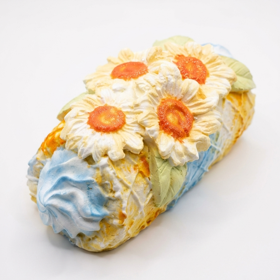 A decorative sculptural object resembling a pastry or loaf, decorated with four large white daisies featuring orange centers and light green leaves, with blue and yellow marbled sides, photographed on a clean white background.