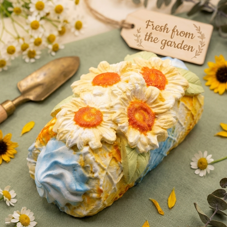 A decorative baked good or pastry shaped like a loaf, topped with large white daisy flowers with orange centers and blue whipped frosting accents, styled on a green surface with daisies, eucalyptus leaves, a small metal trowel, and a paper tag that reads 'Fresh from the garden'.