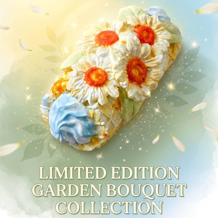 A decorative floral arrangement or bouquet centerpiece with large white daisy-like flowers, orange centers, and blue accents on a soft pastel background. Text at the bottom reads 'LIMITED EDITION GARDEN BOUQUET COLLECTION'.