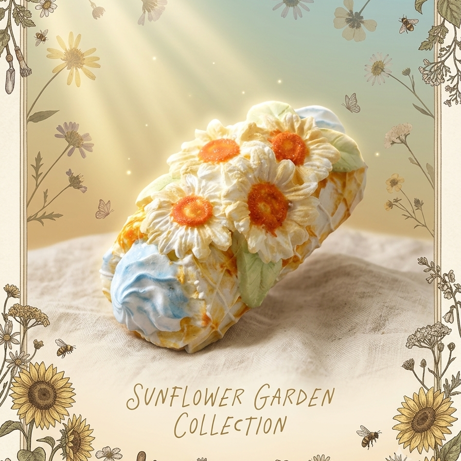 A decorative product display featuring a loaf of bread or pastry topped with large daisy-like flowers, set on a sandy surface with a floral border and the text 'Sunflower Garden Collection' below.