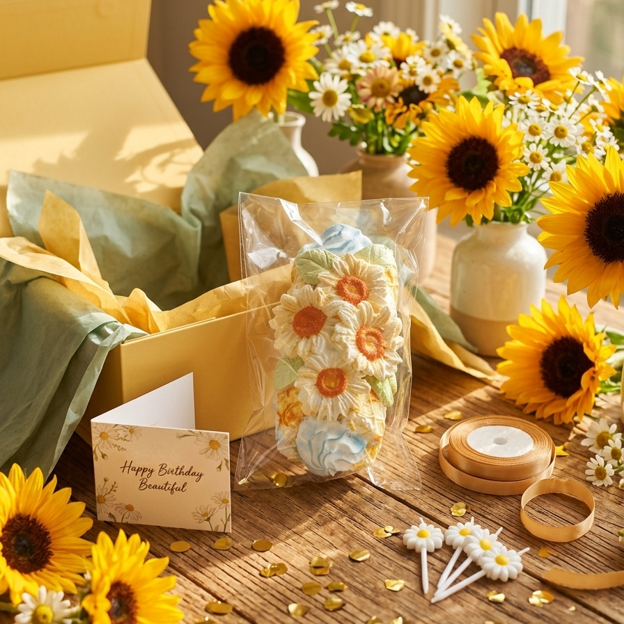 A styled gift arrangement on a wooden table featuring a clear plastic-wrapped bouquet of sunflower and daisy flowers, an open yellow gift box with yellow tissue paper, a small card reading 'Happy Birthday Beautiful,' ribbon, gold confetti, and multiple sunflower and daisy flower arrangements in small vases.