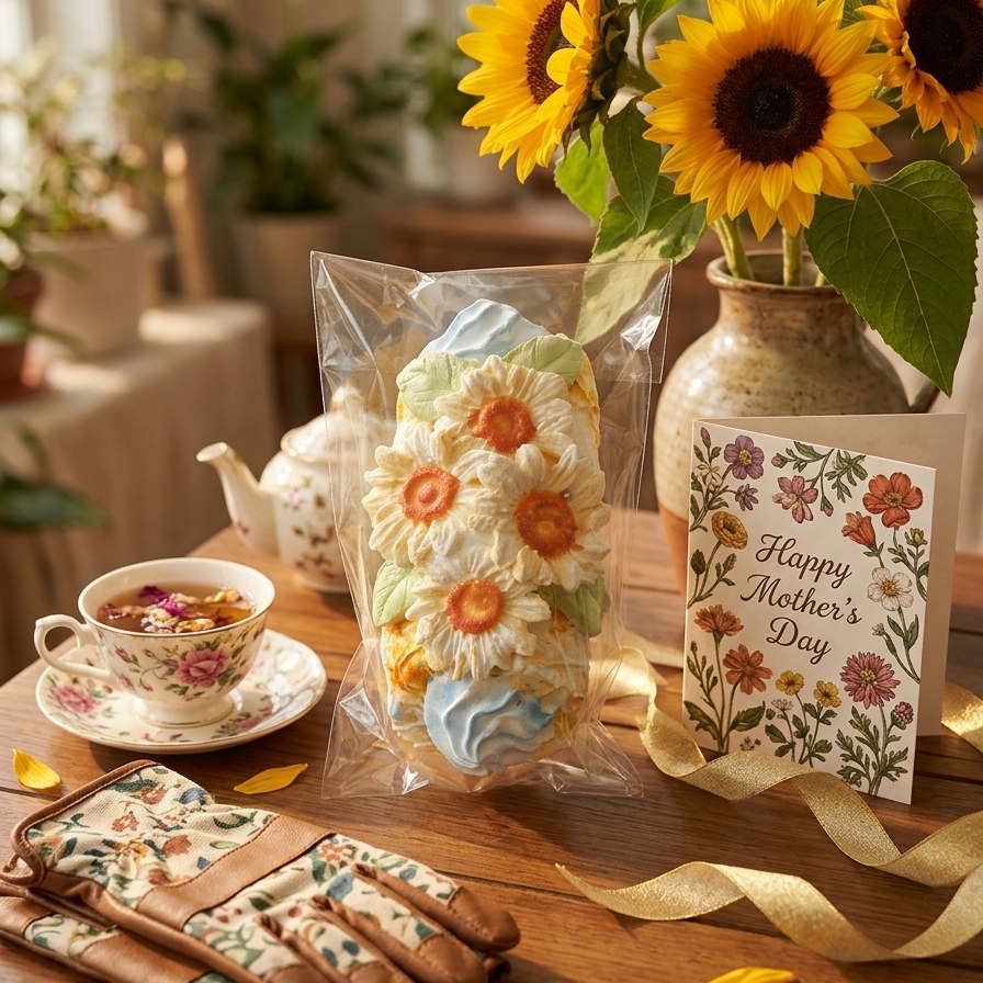 A packaged floral treat or cookie set with daisy-like decorations sits on a wooden table beside a teacup, a floral card reading Happy Mother's Day, and a matching fabric pouch. Sunflowers in a vase and warm indoor decor create a styled real-environment scene.