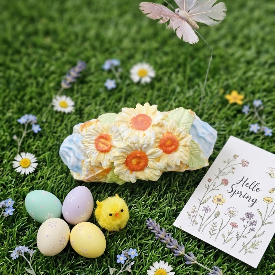 A decorative spring-themed arrangement on artificial grass, featuring pastel Easter eggs, a small yellow chick figurine, a card reading 'Hello Spring,' lavender sprigs, daisies, a butterfly decoration, and a floral stone ornament.