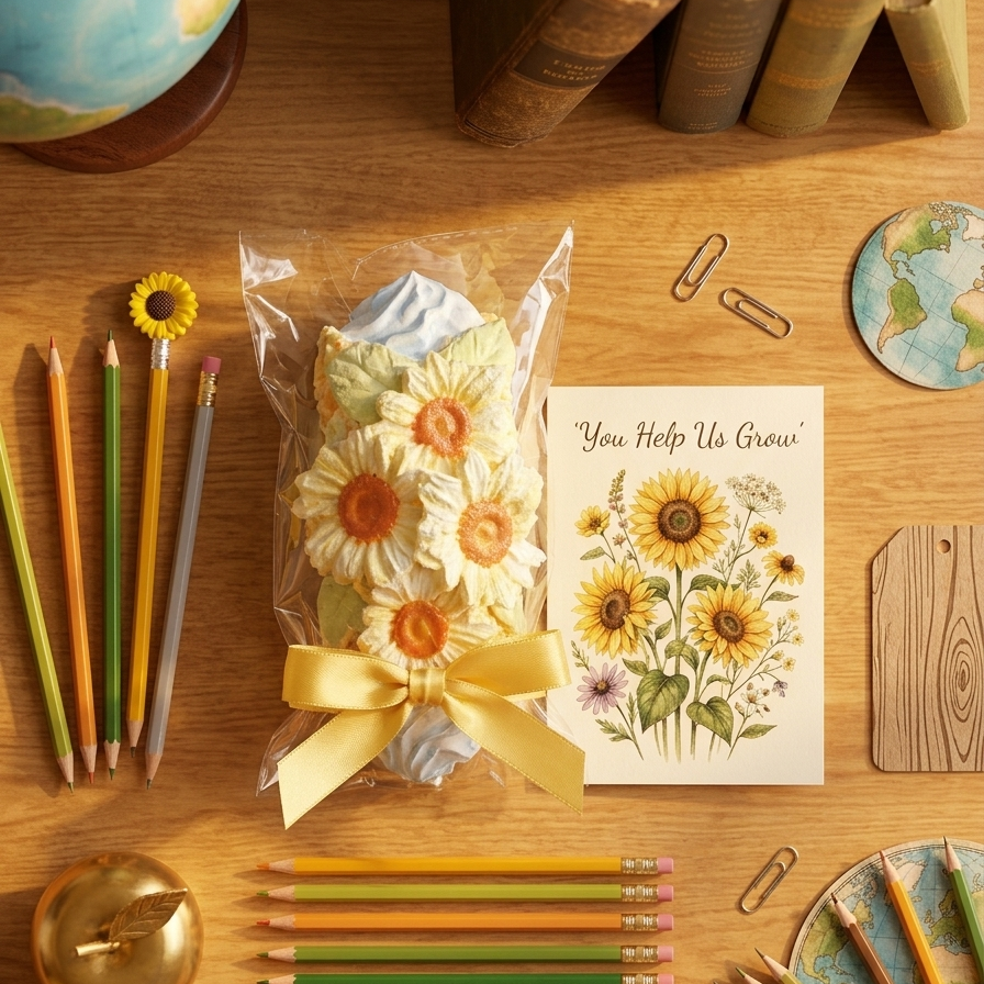 A school-themed gift set featuring a bouquet of sunflower-shaped cookies tied with a yellow ribbon, a 'You Help Us Grow' card, and various pencils, paper clips, and books arranged on a wooden desk.