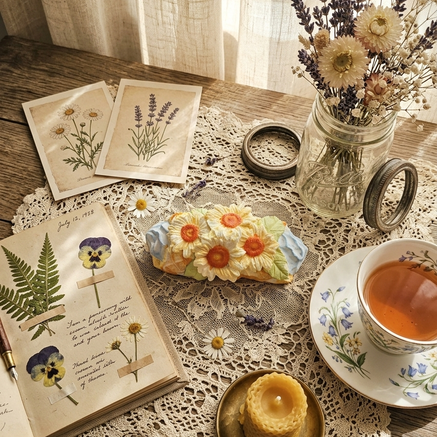 A styled tabletop scene with a floral embroidered pastry on a lace doily, surrounded by dried flowers in a glass jar, an open book with botanical illustrations, a cup of tea, and a candle on a wooden table near sheer curtains.
