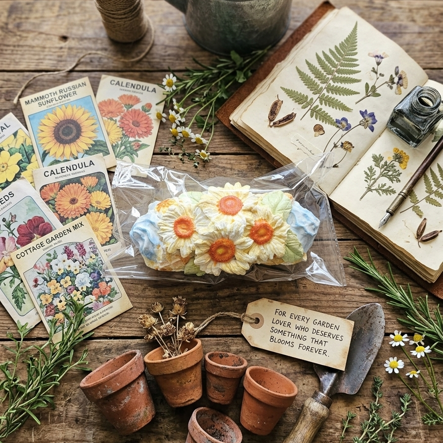 A packaged floral hair bow or hair accessory with cream, yellow, and orange flowers sits on a rustic wooden table surrounded by gardening props including terracotta pots, a watering can, seed cards, an open botanical notebook, and a small trowel.