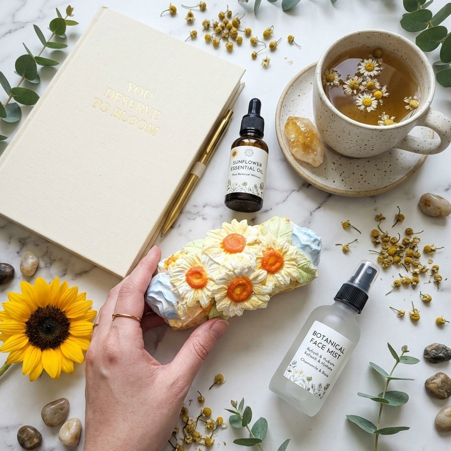 A styled flat-lay of wellness products on a white marble surface, including a cream-colored box, a small amber dropper bottle, a frosted spray bottle, a wrapped flower-shaped item held in a hand, a cup of tea with chamomile flowers, and scattered chamomile flowers and eucalyptus leaves.