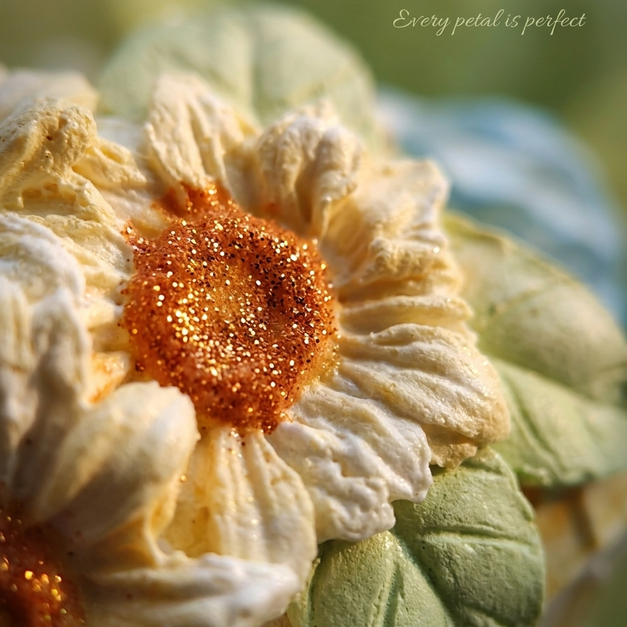 A close-up of a textured fabric flower with cream-colored petals, a glittery orange-brown center, and green leaves, set against a soft blurred background with the text 'Every petal is perfect' in the upper right.