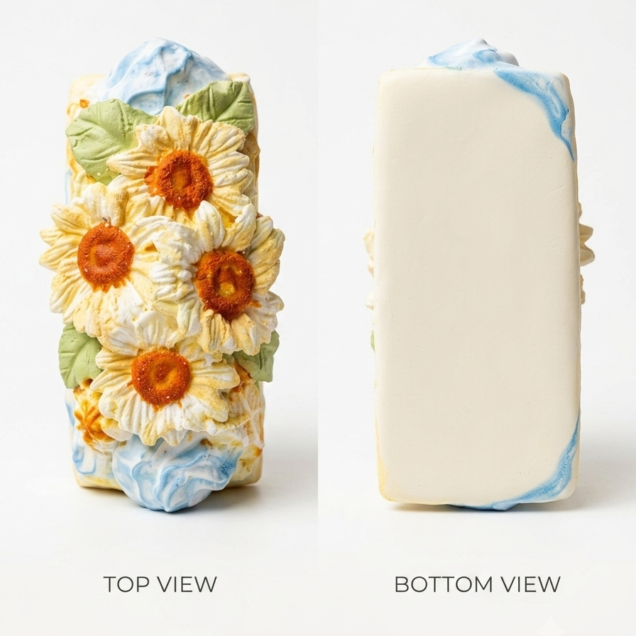 A rectangular decorative object shown from two angles on a light gray background. The left view shows the top: an off-white body with raised sunflower motifs in yellow, orange, and green, plus blue sculpted accents at the top and bottom.