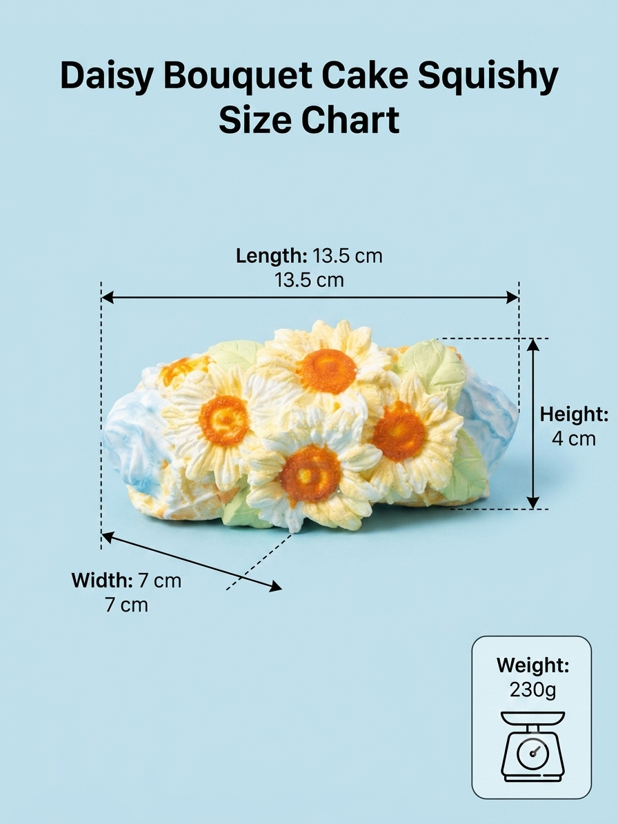 Daisy Bouquet Cake Squishy size chart on a light blue background, showing the product dimensions (Length: 13.5 cm, Height: 4 cm, Width: 7 cm) and weight (230g) with a small scale icon.