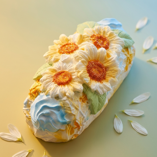 A decorative floral cake with large white and yellow sunflower-like blooms, green leaves, and blue whipped frosting details, photographed on a soft pastel gradient background with scattered flower petals and a small text overlay in the lower right.