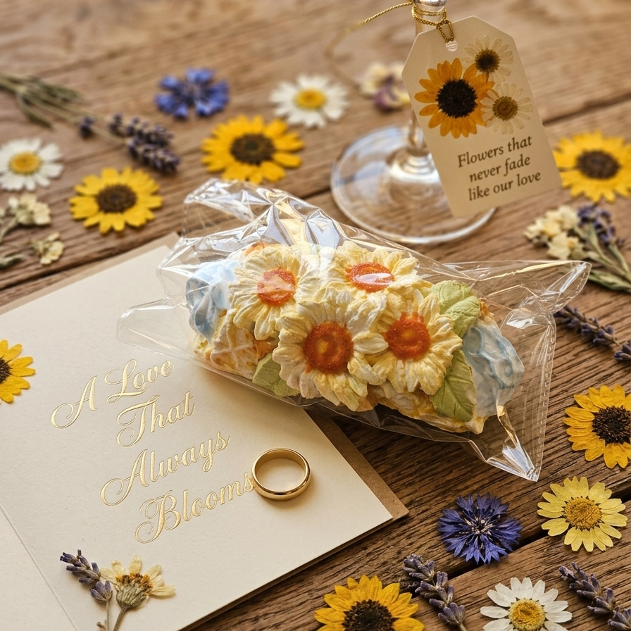 A styled flat-lay featuring a packaged bouquet of embroidered sunflowers on a rustic wooden table, surrounded by real sunflowers, dried lavender, a champagne flute with a sunflower tag, a cream invitation card with gold script reading 'A Love That Always Blooms,' and a gold ring.