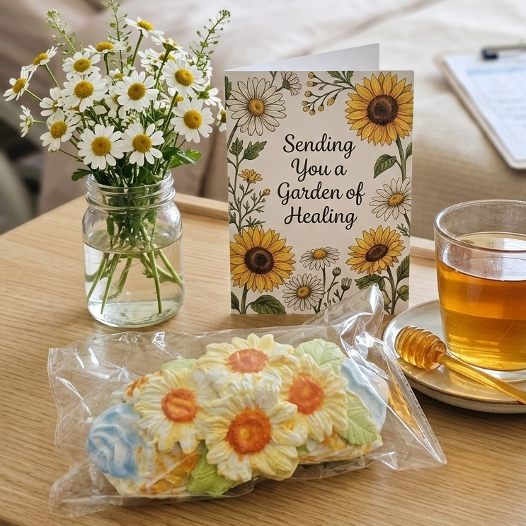 A greeting card with a sunflower and daisy floral design and the text 'Sending You a Garden of Healing' sits on a wooden table in a bedroom setting, alongside a glass jar of white daisies, a cup of tea, and a package of daisy-shaped cookies.
