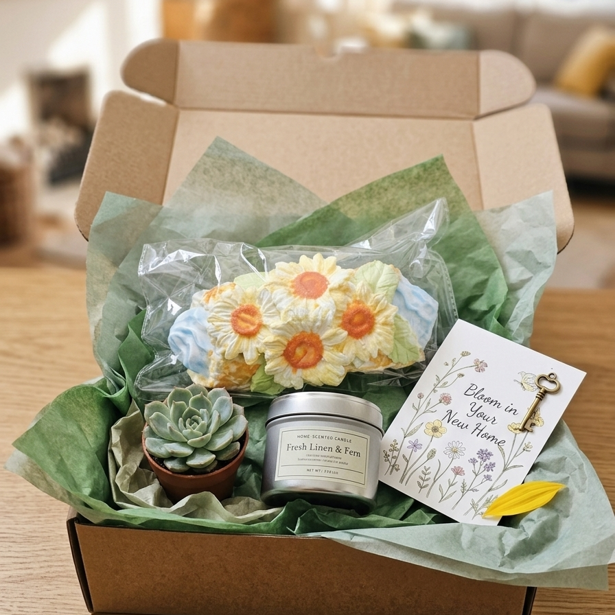 A gift box set on a wooden table, featuring a small succulent, a jar candle labeled 'Fresh Lime & Fern', a bouquet of yellow and white daisies in clear wrapping, and a white card that reads 'Given in Love with You', all arranged in a brown box with green tissue paper.