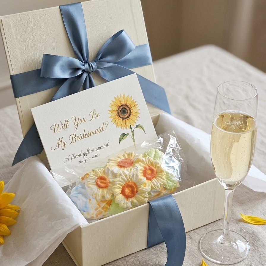 A bridal shower gift box set on a beige tablecloth, featuring a cream-colored book-style box with a dusty blue satin ribbon, a sunflower-themed 'Will You Be My Bridesmaid' card, sunflower-shaped cookies, and a glass of champagne.