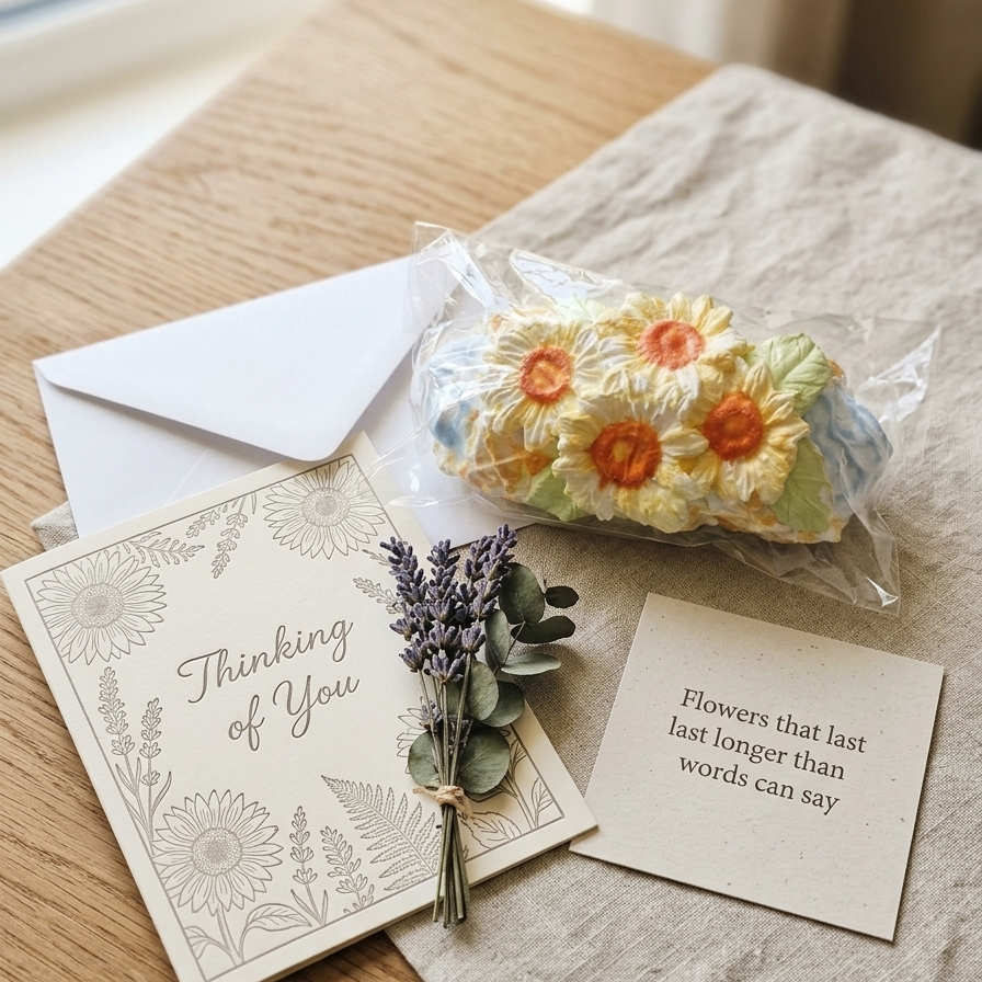 A gift set on a light wood table featuring a floral greeting card that reads 'Thinking of You,' a small bouquet of lavender and greenery, a clear-wrapped flower arrangement with yellow and orange blossoms, and a small note card with printed text, styled on a linen cloth near a window.