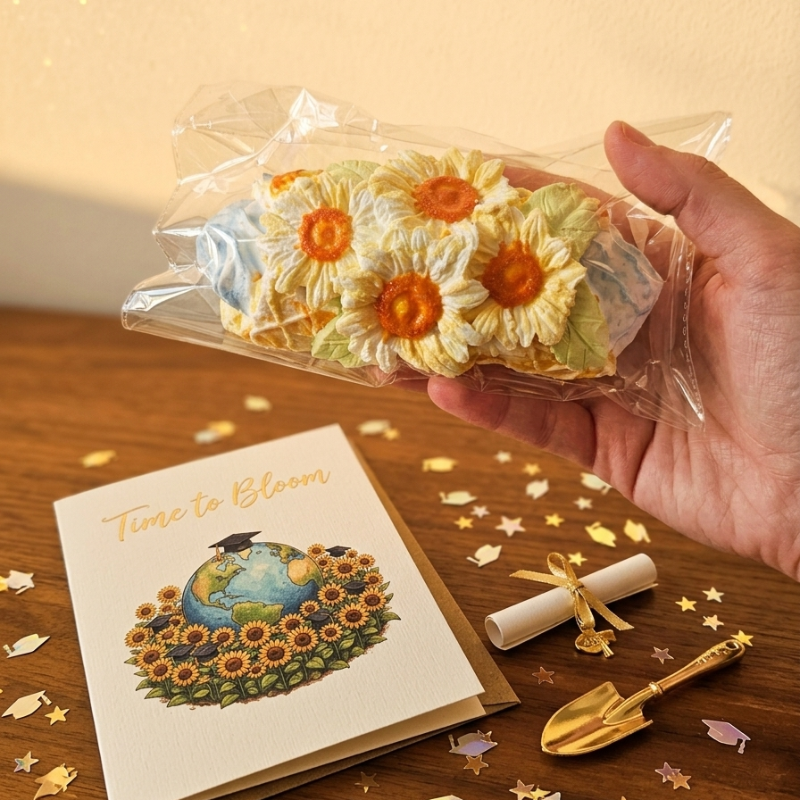 A hand holds a clear plastic bag containing a bouquet of embroidered sunflowers with yellow petals and orange centers. On a wooden table below lies a cream greeting card with a sunflower and globe illustration and the words 'Time to Bloom,' along with a small gold-colored trowel and confetti.