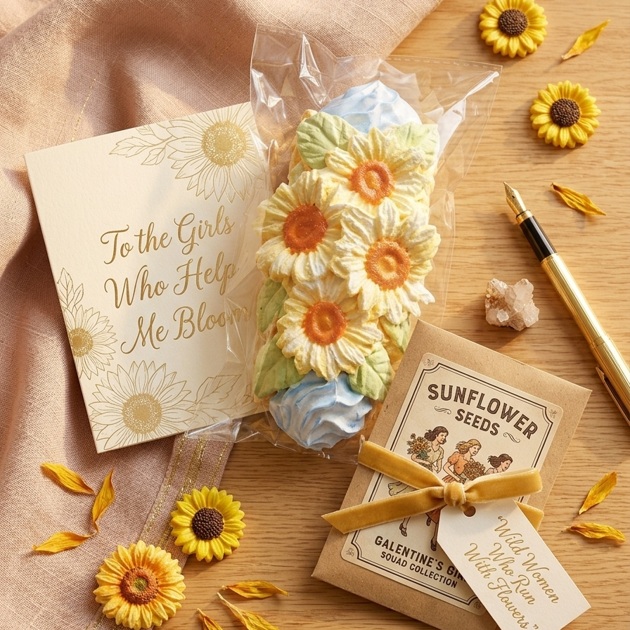 A styled flat-lay featuring a wrapped gift set with a card reading 'To the Girls Who Help Me Blossom,' a bouquet of sunflower-shaped items in clear plastic, a kraft paper bag labeled 'Sunflower Seeds Valentine's Collection,' and scattered sunflower props on a beige fabric and wood surface.
