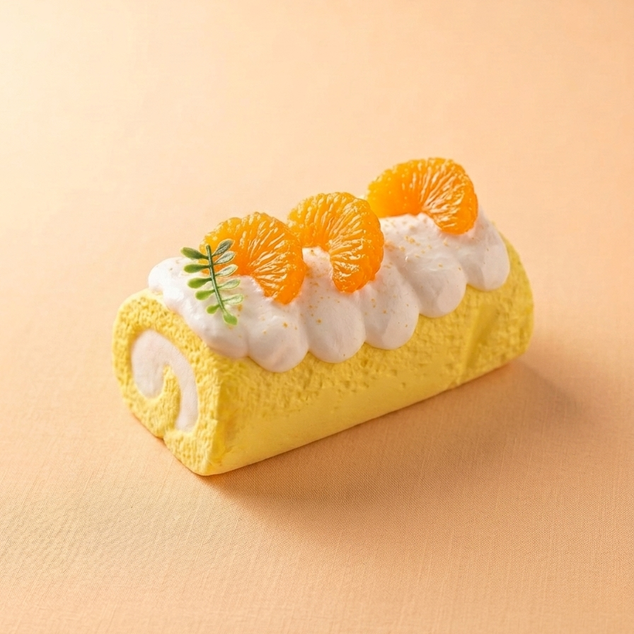 A yellow sponge cake roll decorated with white whipped cream, three orange slices, and a small green leaf, set against a warm peach background.