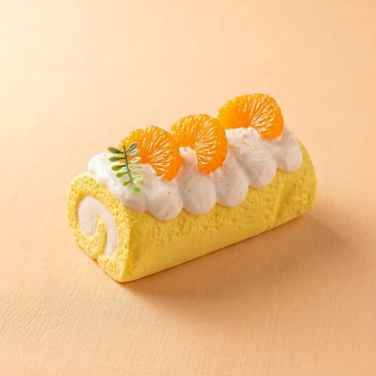 A yellow sponge cake roll decorated with white whipped cream, three orange slices, and a small green leaf, set against a warm peach background.
