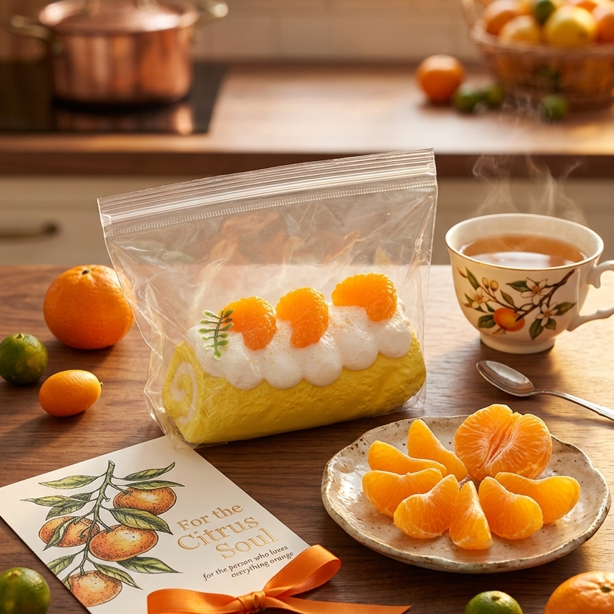 A clear zip-top bag containing a yellow cake roll topped with white frosting and orange slices, styled on a wooden table with oranges, a cup of tea, a plate of orange segments, and a card that reads 'For the Gift of Soul'.