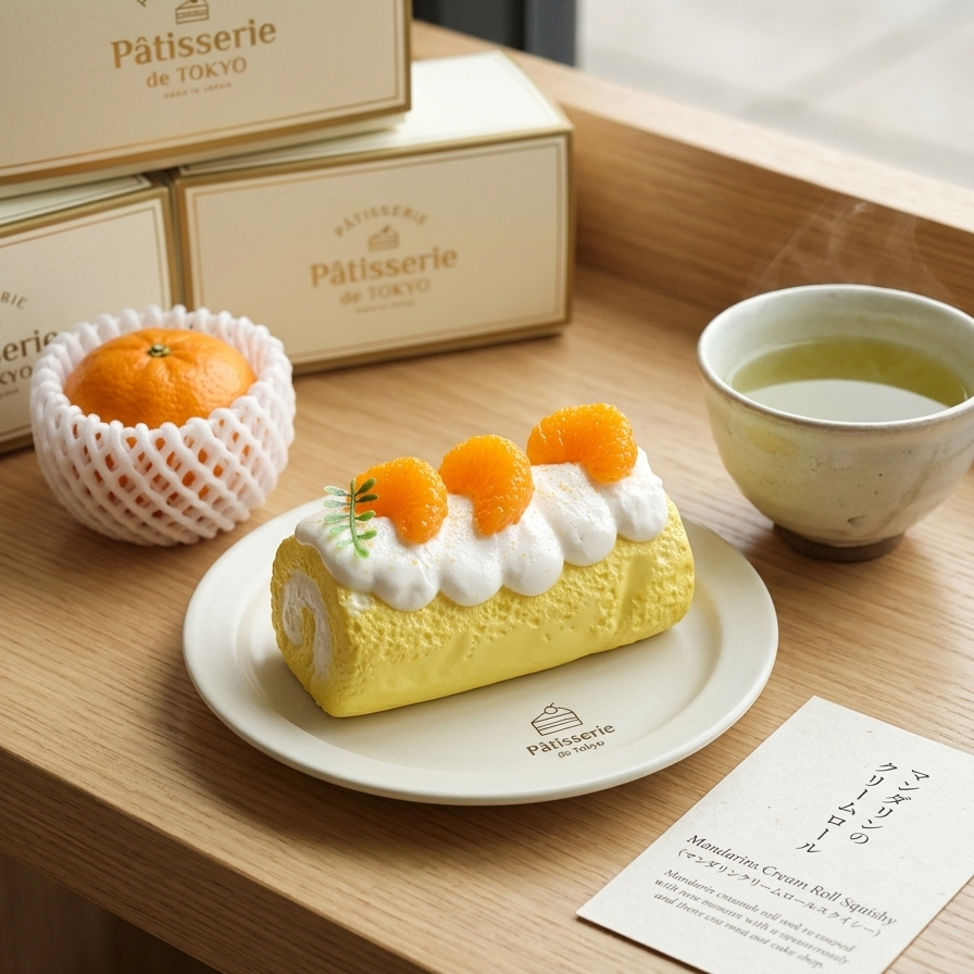 A plated yellow sponge cake roll with white cream and orange mandarins sits on a wooden table beside a cup of tea, a wrapped orange, and branded Pâtisserie de Tokyo boxes and a card.