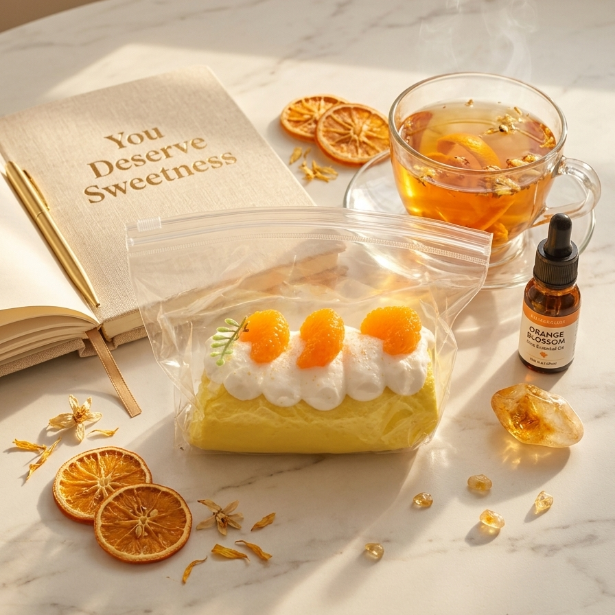A clear zip-top bag containing a yellow dessert topped with white cream and orange segments, styled on a marble surface with dried orange slices, a glass cup of tea, a small dropper bottle labeled orange blossom oil, and an open book.