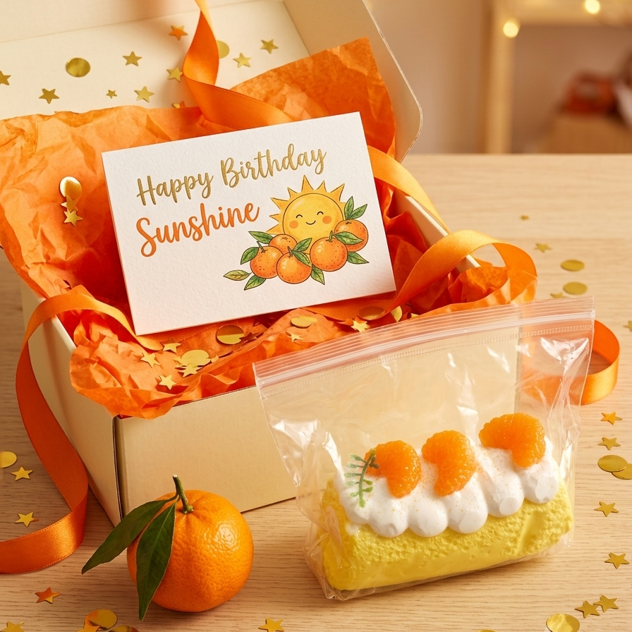 An orange-themed birthday gift box with a white card reading 'Happy Birthday Sunshine' and a small orange tart in a clear bag, styled on a wooden surface with orange tissue paper, gold confetti, and an orange.