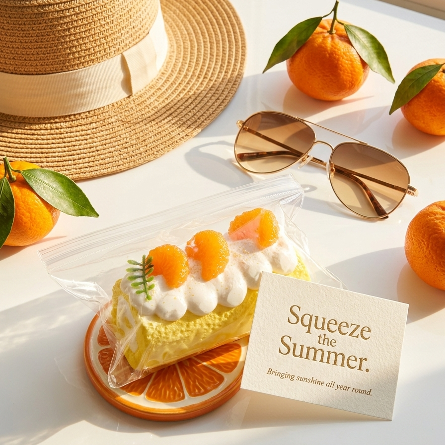 A packaged dessert with orange slices and whipped cream sits on a saffron-patterned plate next to a card that reads 'Squeeze the Summer. Bringing sunshine all your round.