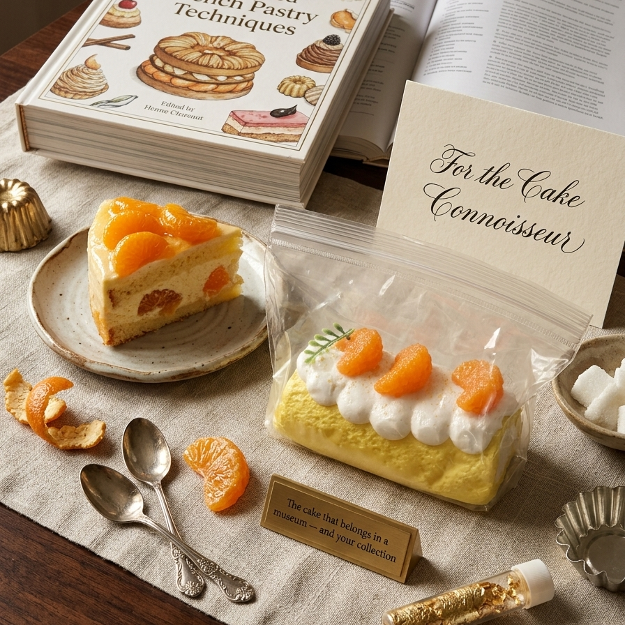 A styled baking and dessert scene on a beige cloth, featuring a slice of layered cake on a plate, a packaged cream and orange meringue dessert in a clear bag, an open book titled 'Cake Pastry Techniques,' a card reading 'For the Cake Connoisseur,' and scattered orange peels and spoons.