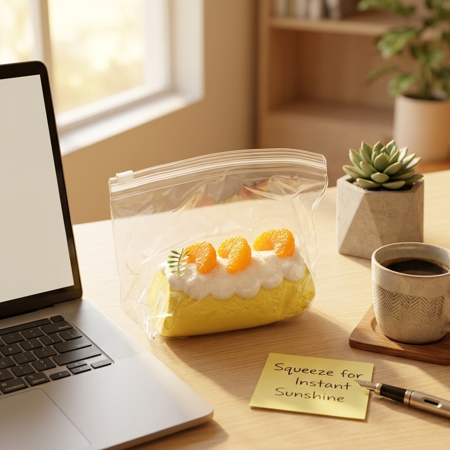 A clear zippered plastic bag containing a yellow and white cake-like squishy toy with orange slices on top, placed on a wooden desk beside a laptop, a small succulent, a cup of coffee, and a sticky note that reads 'Squeeze for Instant Sunshine.'.