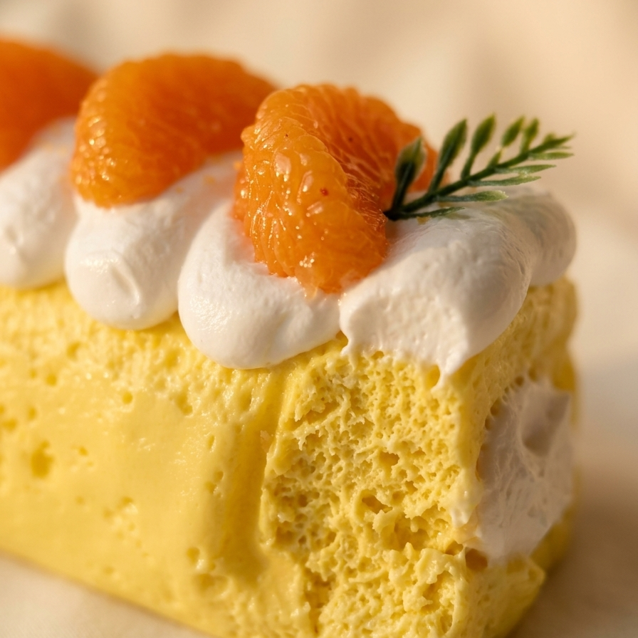 A close-up of a yellow sponge cake slice topped with white whipped cream and orange segments, with a small green leaf garnish, on a warm beige background.