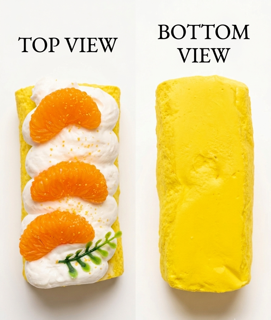 A yellow sponge cake shown from top and bottom views on a white background. The top view shows white whipped cream, three orange mung bean slices, and a small green leaf garnish, while the bottom view shows the plain yellow cake layer underneath.