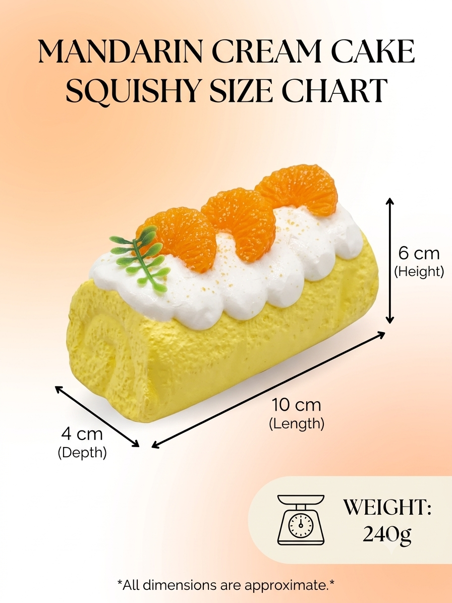 A size chart graphic for a Mandarin Cream Cake squishy toy, showing a yellow cake roll with white cream, orange mandarin segments, and a small green leaf decoration. The image includes dimension lines indicating 10 cm length, 6 cm height, and 4 cm depth, along with a weight label of 240g.