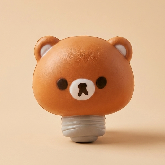 A cute bear-shaped light bulb novelty lamp with a warm brown head, white inner ears, black eyes, and a white snout, mounted on a gray screw base, set against a solid beige background.