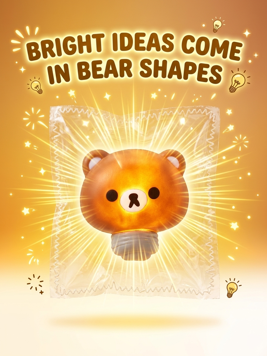 A stylized promotional graphic with the text 'BRIGHT IDEAS COME IN BEAR SHAPES' above a glowing bear-shaped light bulb wrapped in clear plastic, on a warm yellow-orange background with sparkles and lightbulb icons.