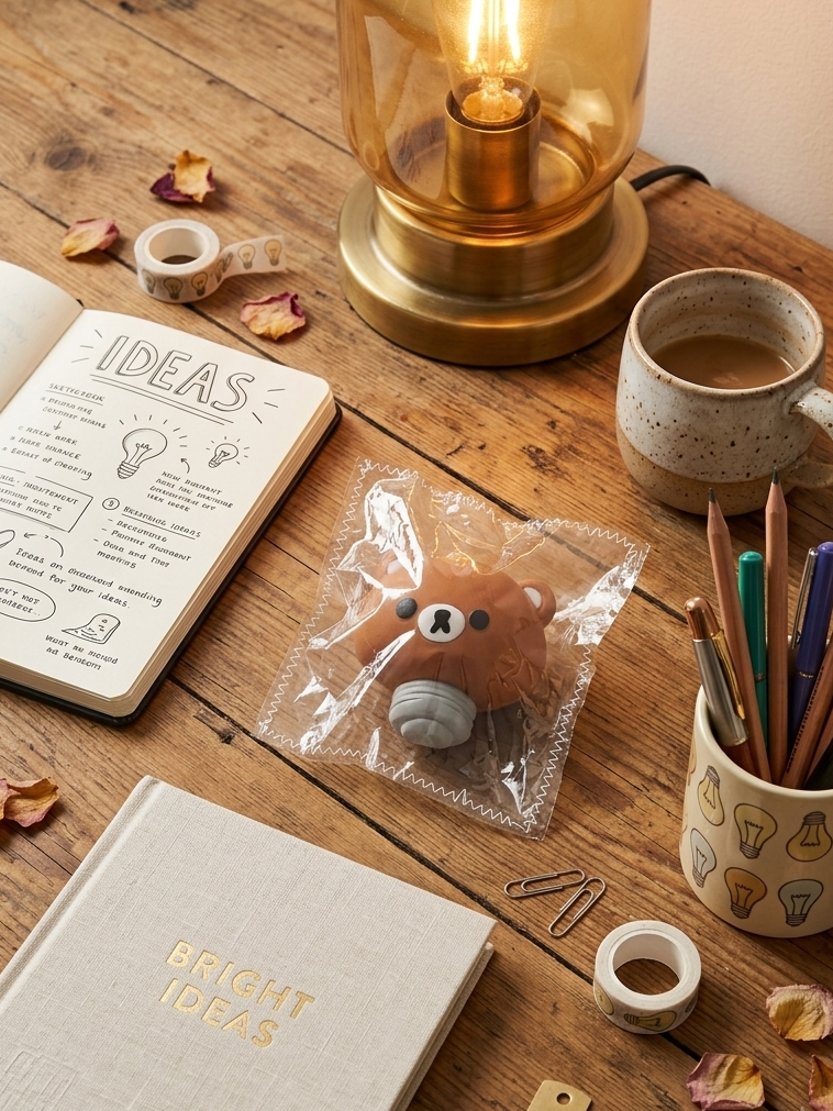A cozy desk scene with a lit amber glass desk lamp, a ceramic mug filled with pens and pencils, an open sketchbook, a closed notebook with gold foil text reading 'BRIGHT IDEAS,' washi tape, dried flower petals, and a small plush toy in plastic packaging on a rustic wooden tabletop.