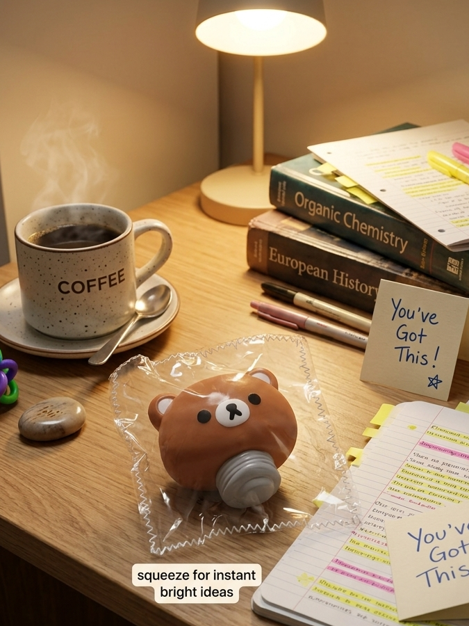A small brown bear-shaped light-up study toy in clear plastic packaging sits on a wooden desk beside a coffee cup, books, sticky notes, and a lamp, with the text 'Light up your study sessions' above.