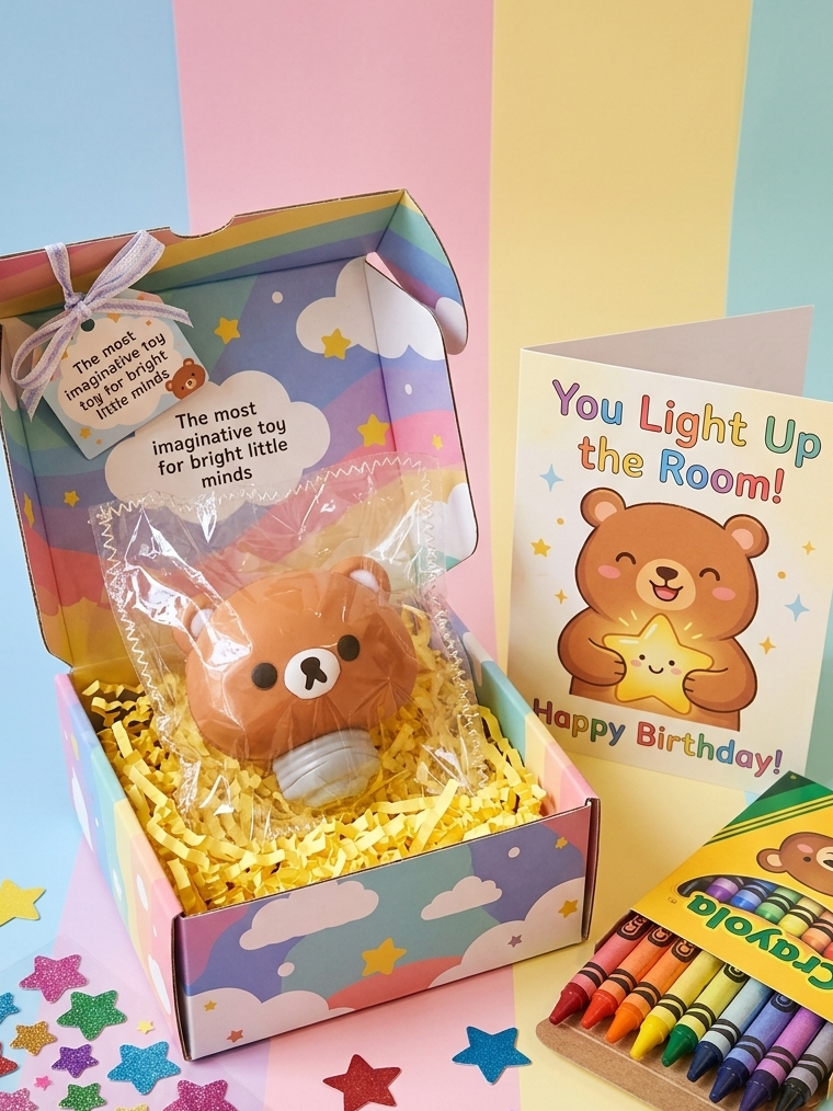 A cute bear-themed birthday gift set featuring a plush toy in a cloud-patterned box, a matching greeting card that reads 'You Light Up the Room! Happy Birthday!', and a box of crayons on a pastel striped background.